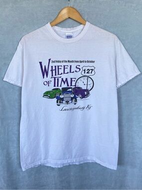 Retro Wheels of Time Distressed Car Show Tee Hot Rod Rockabilly Biker Shirt L